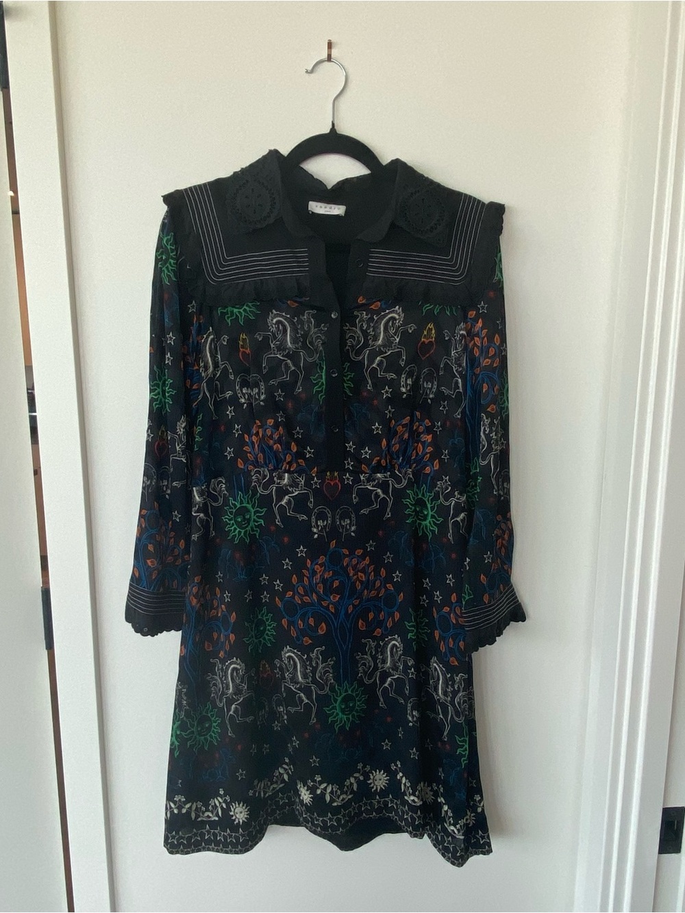 Sandro Black Long Sleeve Printed Dress with Multicolor Motif. Size FR 40